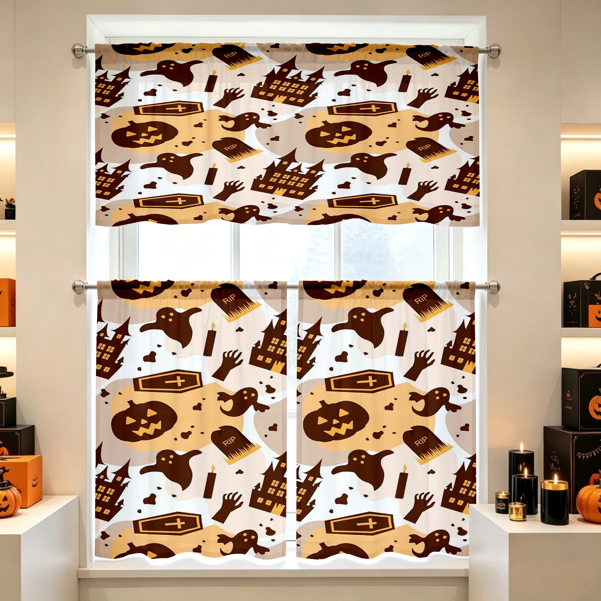 Halloween Fall Kitchen Curtains, Ghost Coffin House, Digital Print, Kitchen Dining Room, Rod Pocket Polyester, Home Decor