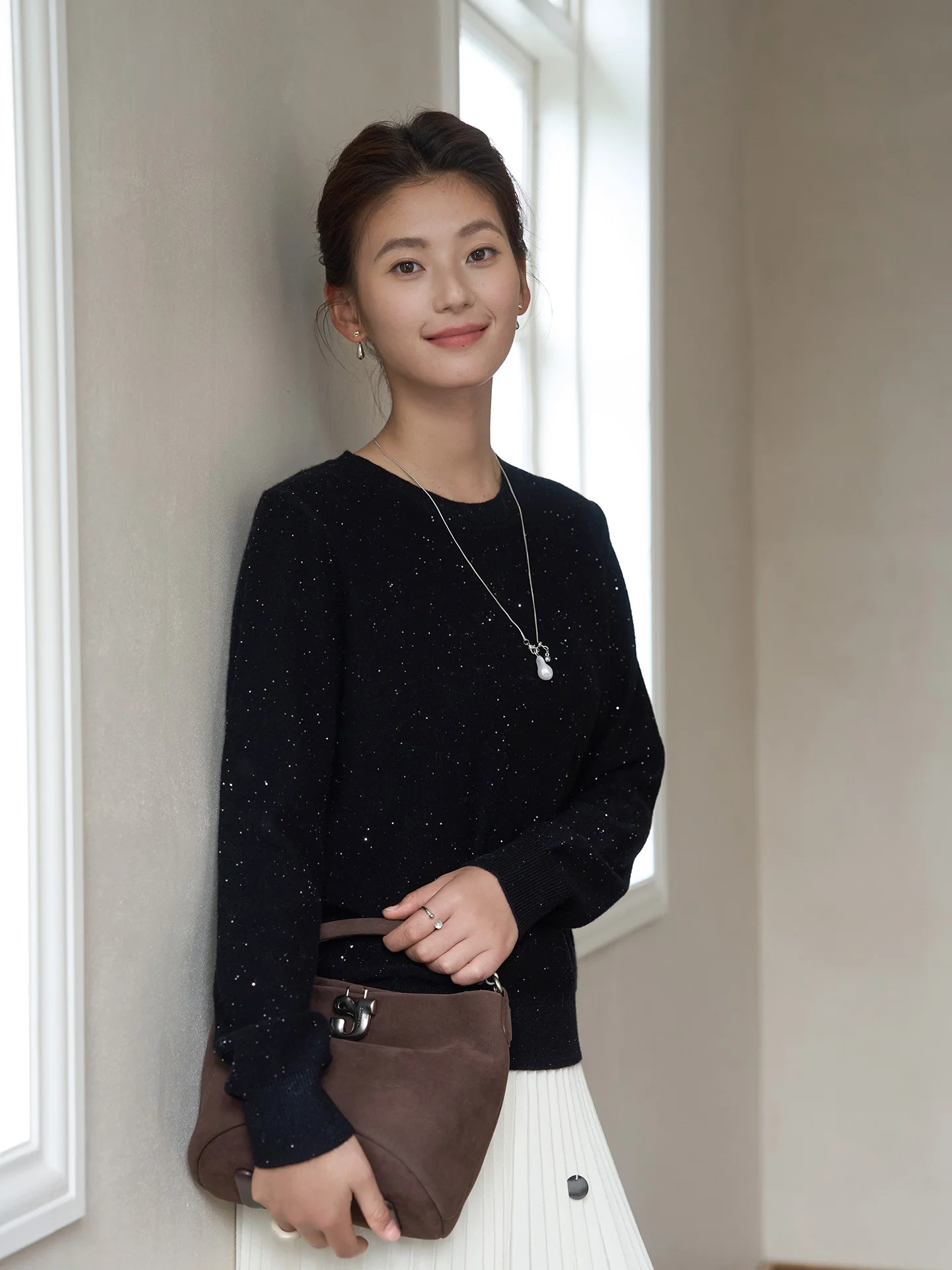 

Tianxing Wool Sequin round Ne Sweater Women's Autumn Winter BING Bead Knitted irt Base Casual Luxury Top Winter