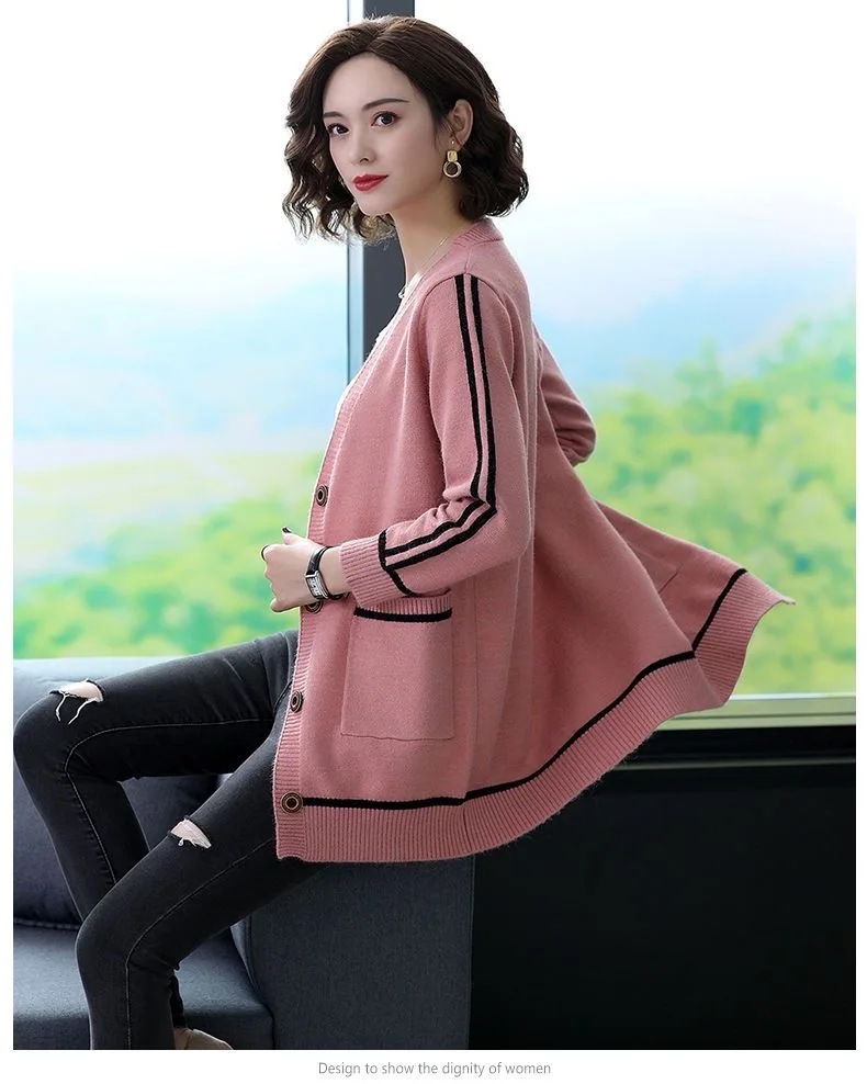 Outwear Cardigan Women\'s Mid Length Spring Autumn New Large Size Loose Knitted Sweater Coat Thicken Knitwears Jacket S-2XL