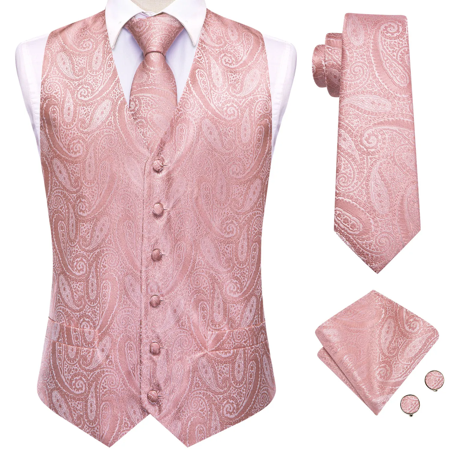 Hi-Tie Wedding Coral Pink Mens Vest Silk Tie Set Adjustable Jacquard Waistcoat Jacket Necktie Hanky Cufflinks Formal Party Gifts