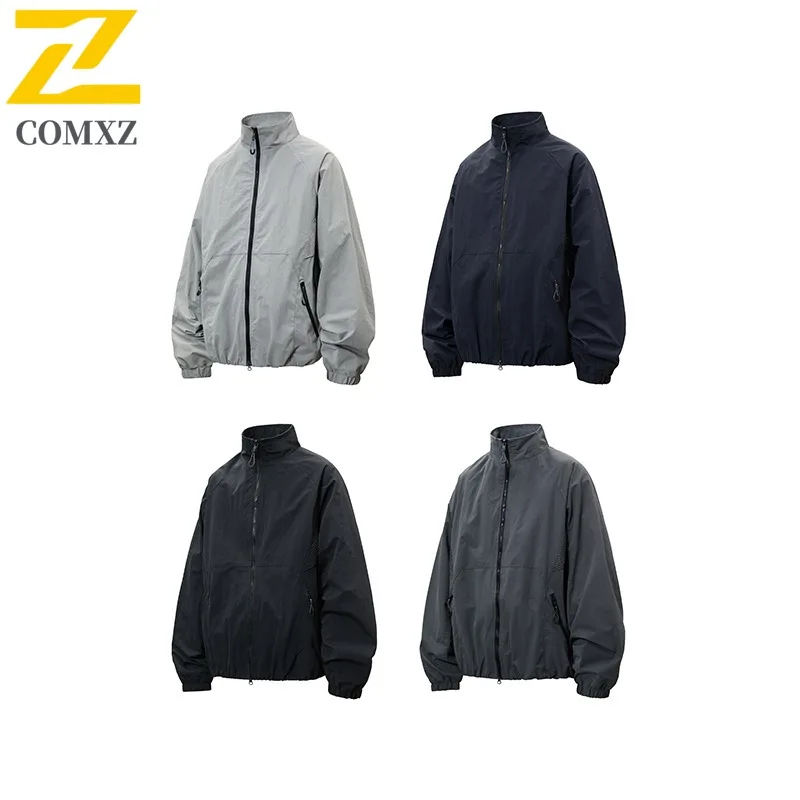 سترة COMXZ 2025 للرجال للتنقل الحضري للخريف قابلة للتنفس وياقة واقفة فضفاضة تناسب معطف خارجي متين مقاوم للماء
