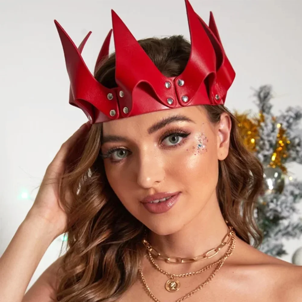 Red Leather Queen Crown Rivet Studded Triangle Headwear Leather Pointed Hat Witch Head Decoration Adult Fetish Accessory