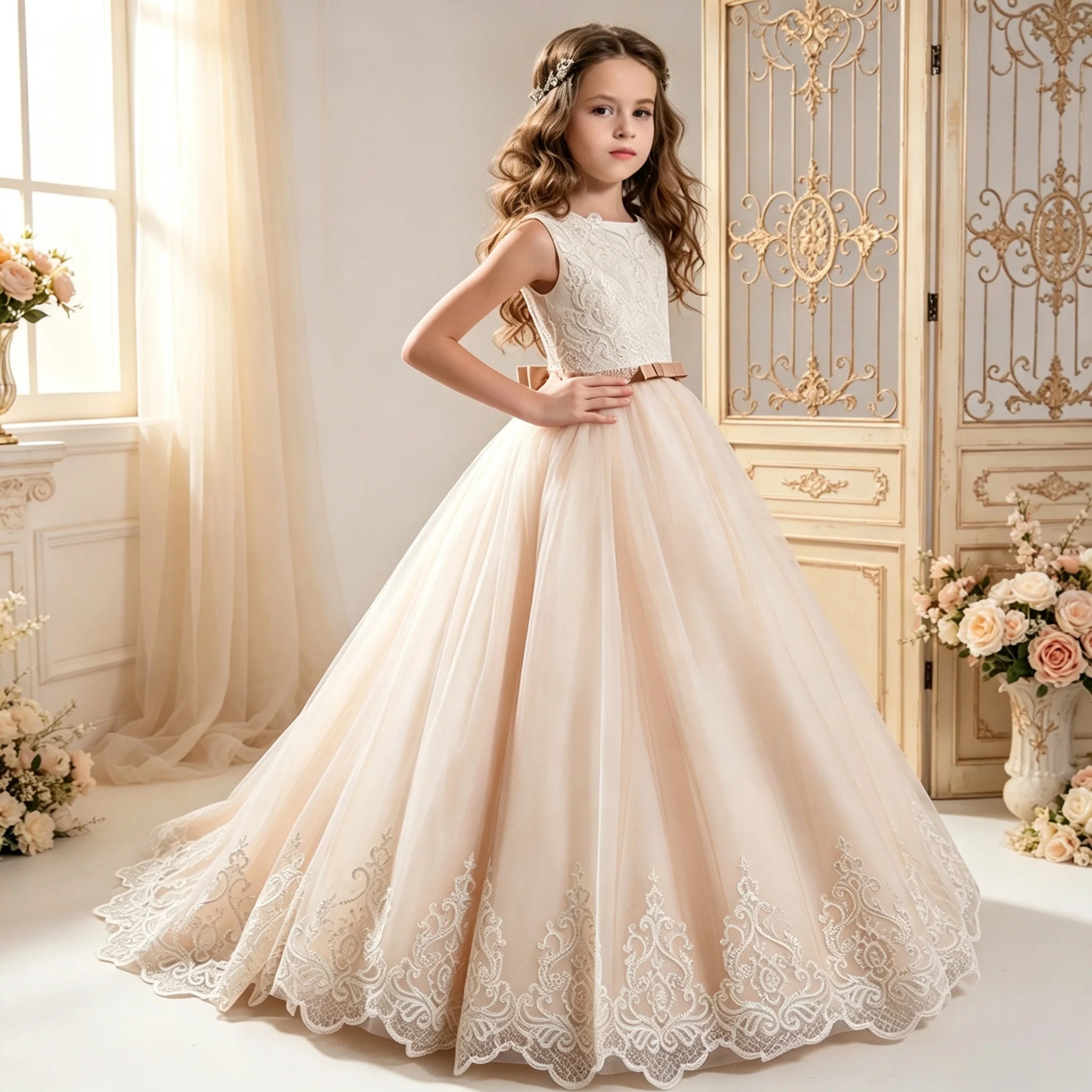 Champagne Tulle Flower Girl Dress White Lace Sequin Bodice Satin Bow Sash A-Line Floor Length Kids Pageant Gown