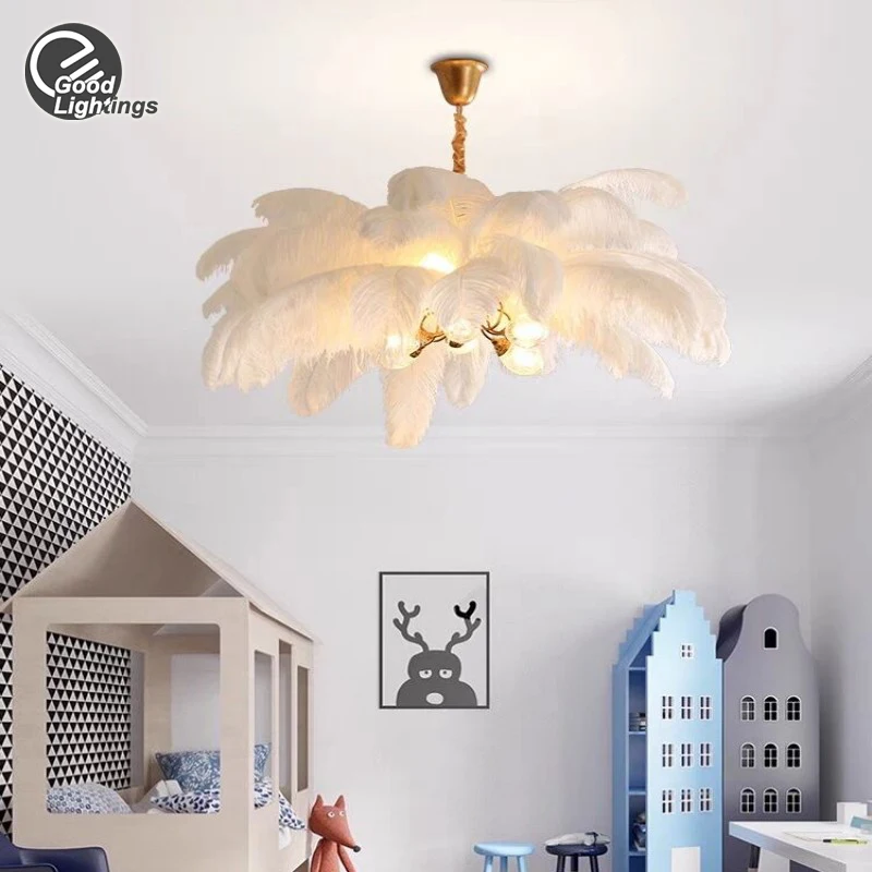 Modern White Feather Ceiling Chandelier For Bedroom Living Room Children Room Ostrich Feather Pendant Chandeliers Lights