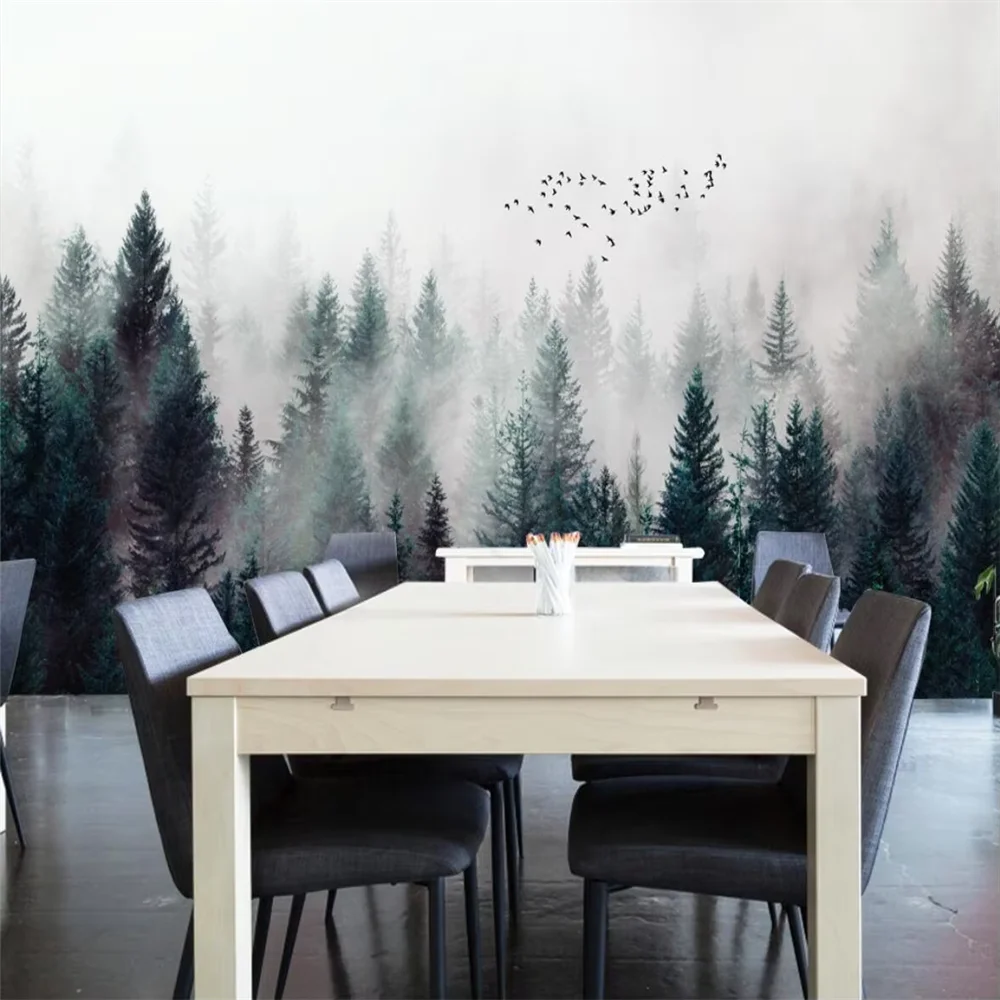 custom Nordic foggy forest birds Mural Wallpapers For Living Room Kitchen Restaurant wallpaper for bedroom walls art home decor