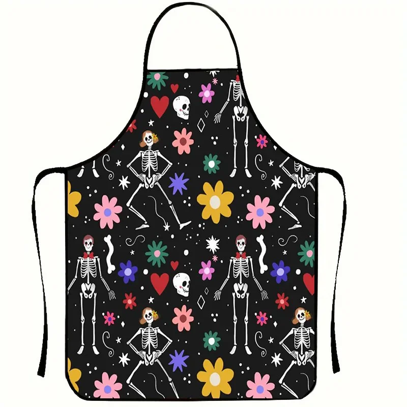 Halloween Skeleton Floral Print Apron Reusable Polyester Kitchen Apron for Cooking Baking Crafting