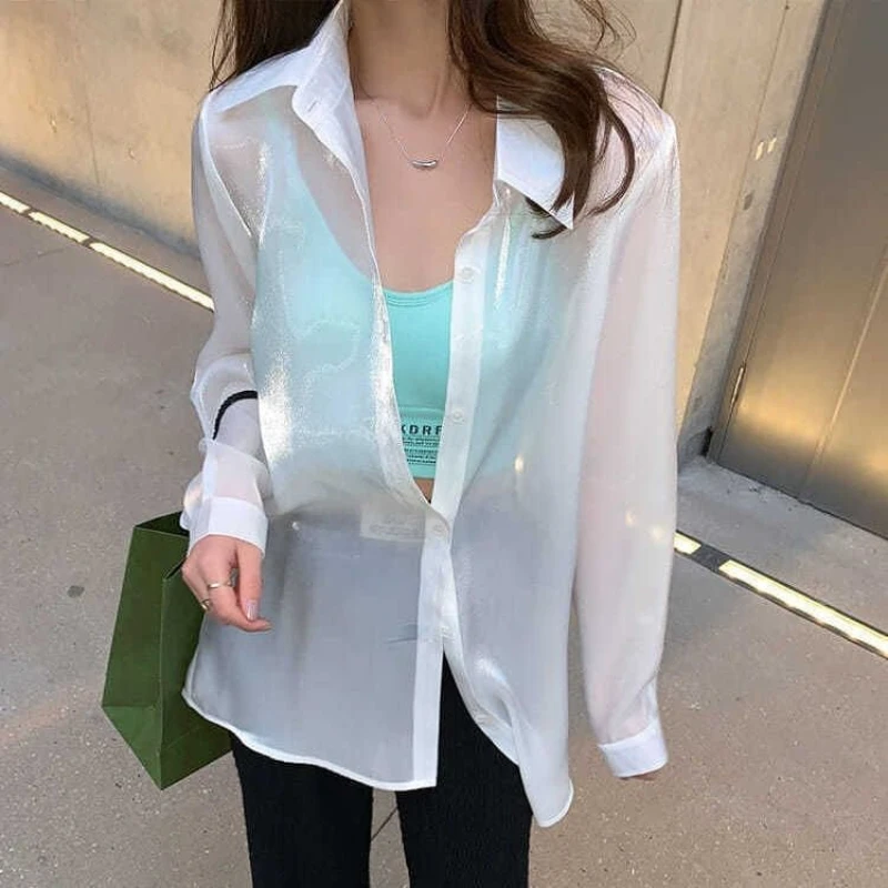 High Street Thin Loose Shirt Tops Summer New Polo Neck Long Sleeve Solid Simplicity Korean Blouse Trend Casual Women Clothing