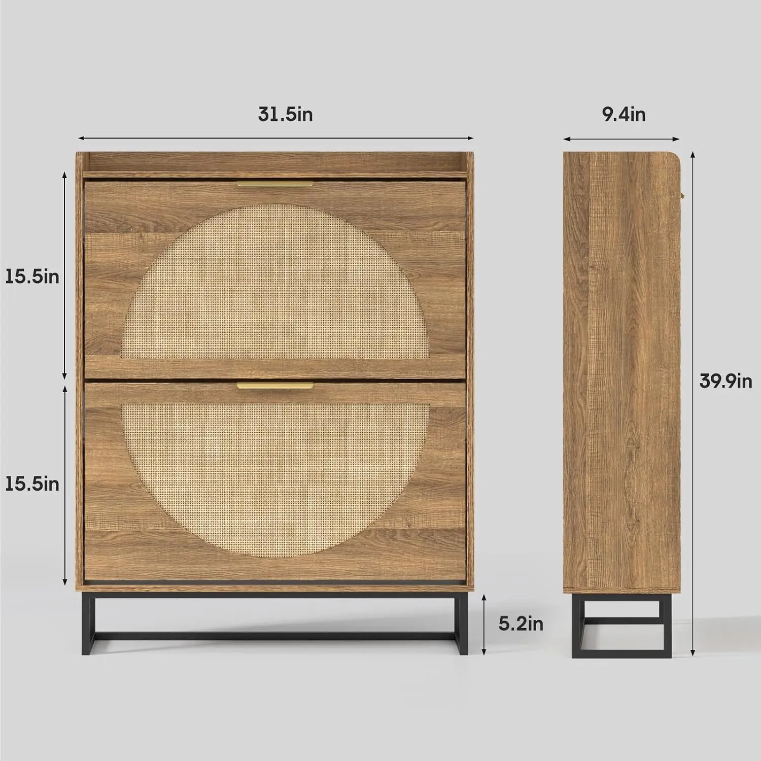 Rattan Shoe Storage Cabinet With Flip Drawers & Metal Legs, Hidden Handles Narrow Organizer For Entryway, Rustic Oak, Customized