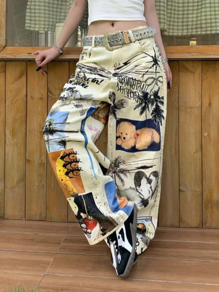 Graffiti American Vintage Streetwear Jeans Women Print Denim Casual Loose Wid Leg Pants Slim Straight High Street Pantlon