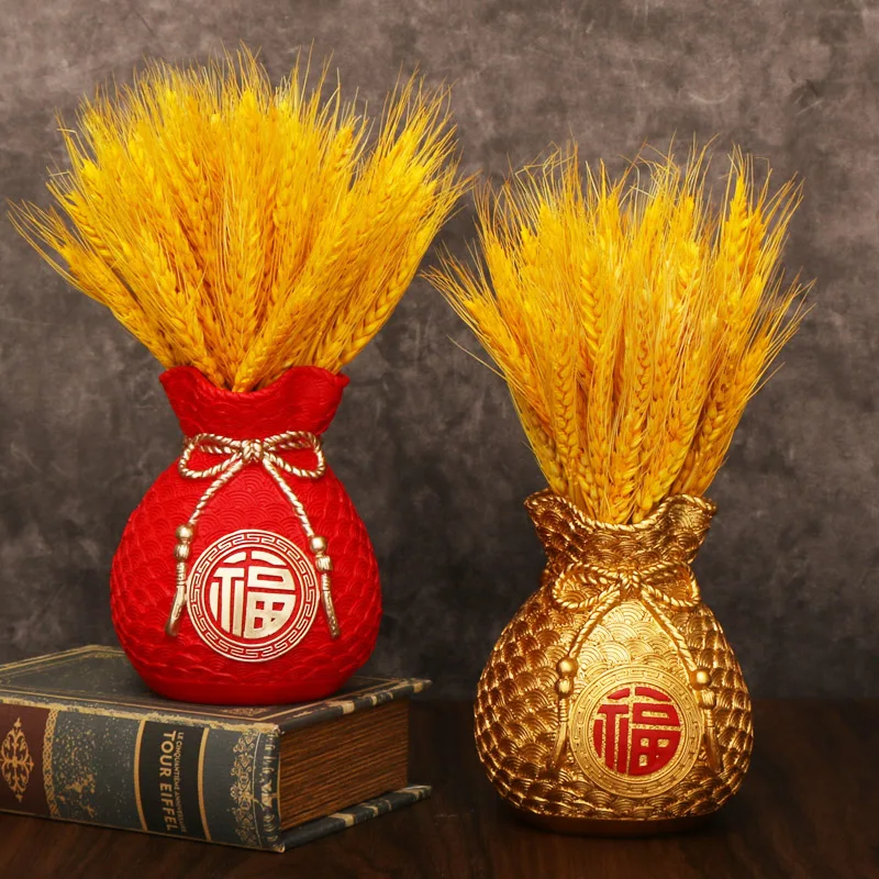 

New Lucky Bag Vase Dried Flower Decorative Ornament Gold Wheat Barley Lucky Living Room Moving into the New House Opening Gift