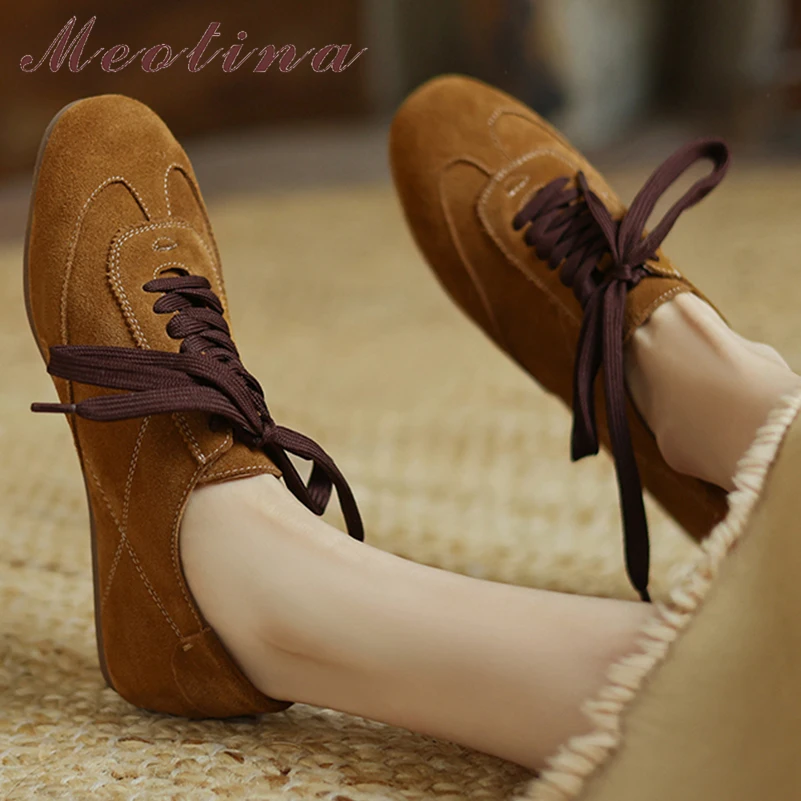 

Женские кроссовки Meotina из натуральной кожи, на плоской подошве, с круглым носком, на шнуровке, из замши, лаконичные, модные, повседневные, весна-осень, размер 43