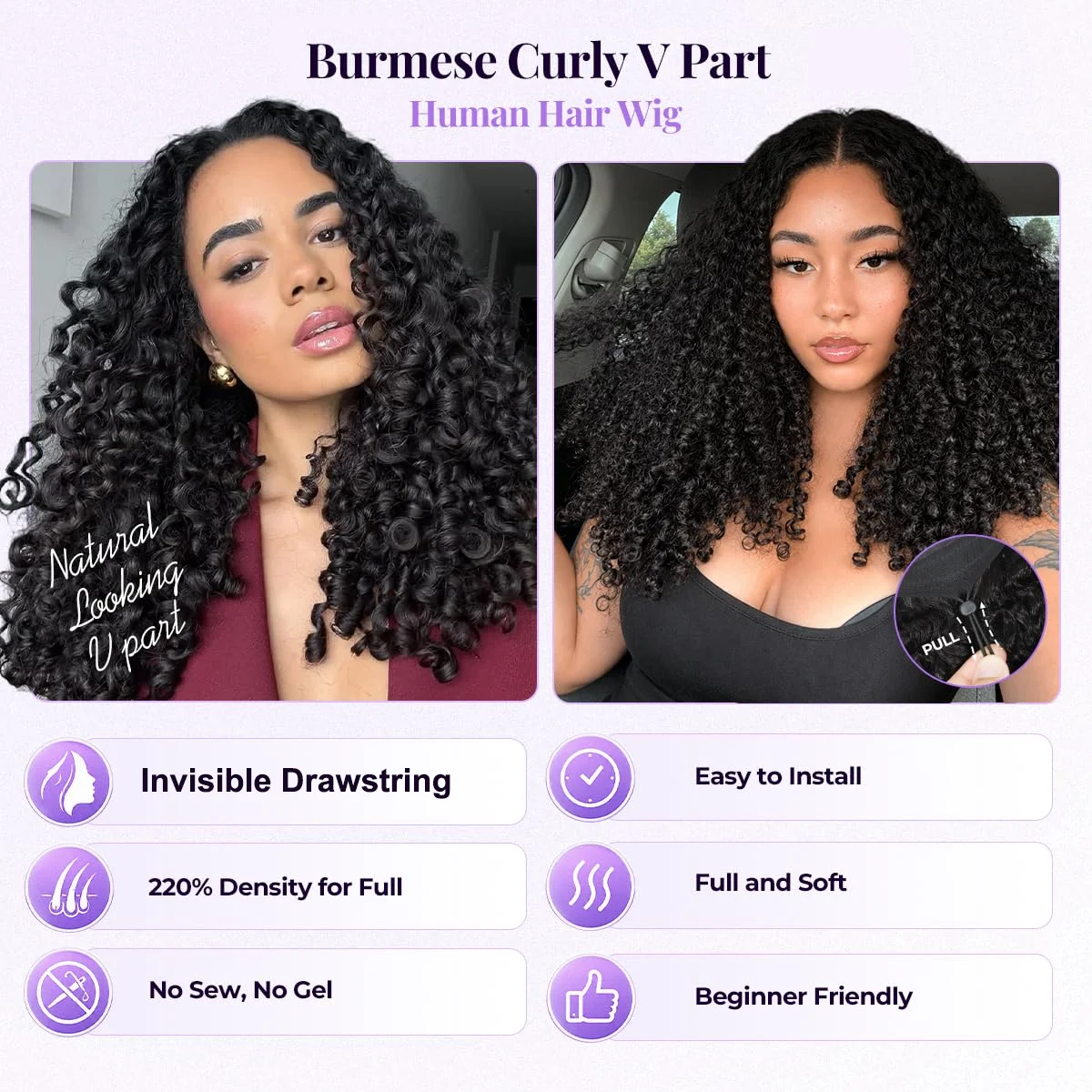Invisible Drawstring Burmese Curly Wigs Human Hair 250 Density Vpart Wig Human Hair Wear Go Half Wig Burmese Curly Hair Wig