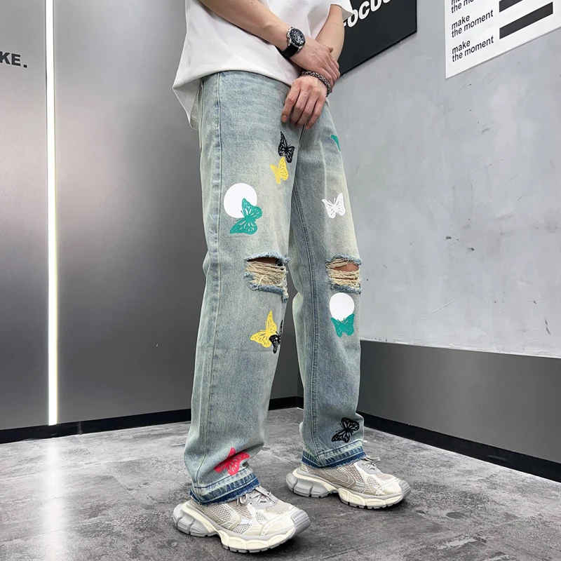 

Y2K Washed American Butterfly Printed Jeans Men's Ripped Trendy High-End Korean StyleinsLoose Straight Wide Leg Mop Trousers