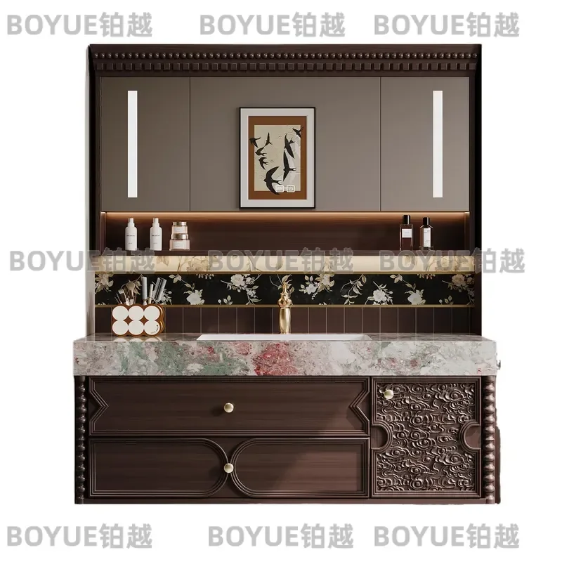 Modern French Bathroom Vanity Cabinet with Sintered Stone Seamless Basin Integrated Sink Wash Station Combo Unit for Restroom