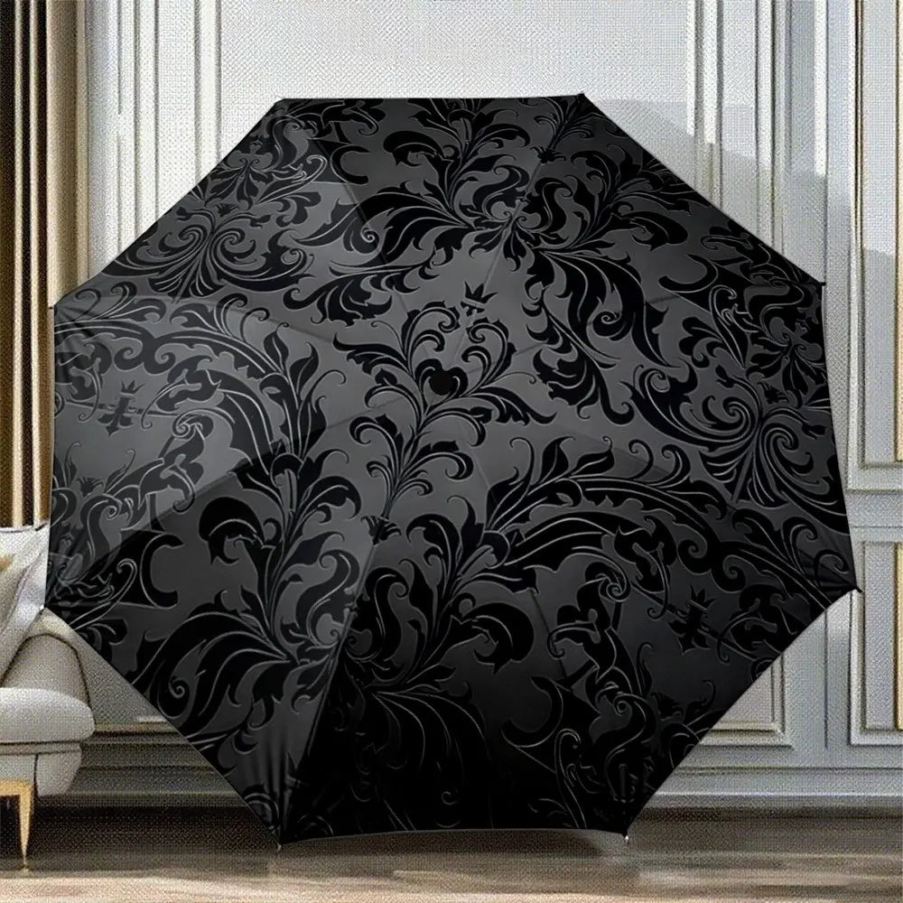 

Автоматический складной зонт с черным дамасским цветочным узором - портативная складная конструкция, прочная 8-спицевая рама, элегантный дизайн для улицы
