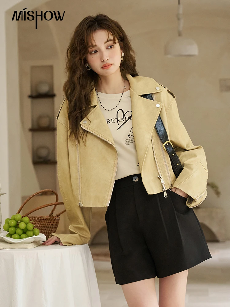 MISHOW Leather Jacket for Women Motorcycle Pu Leather Notched Collar Short Coat Female 2024 Spring Autumn New Outwear MXD11W0345