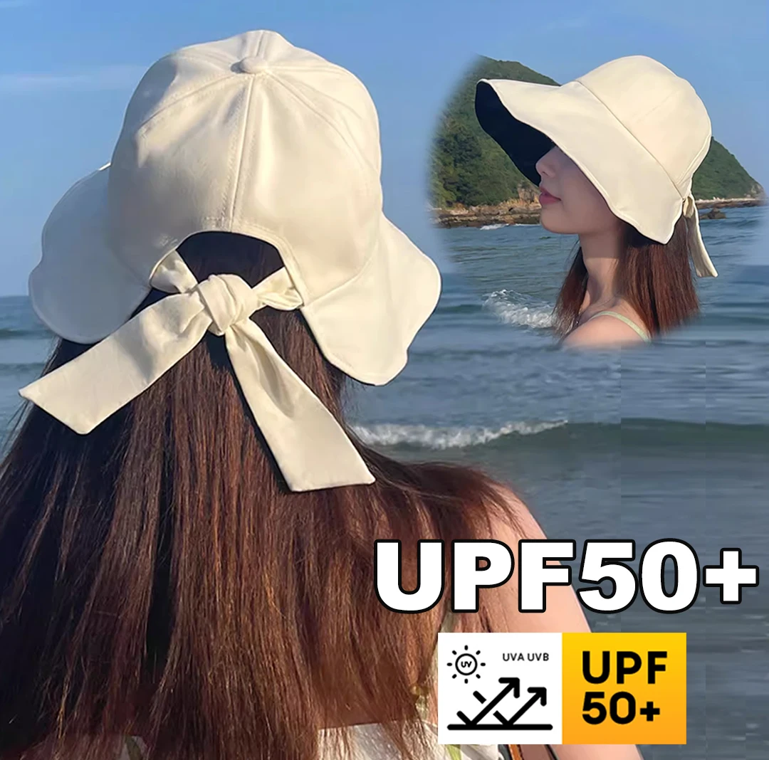 Summer UV Protection Hat UFP 50+ Fisherman Cap Sun Hat Portable Foldable Wide Brim Bow Ponytail Sun Protection Hats Adjustable