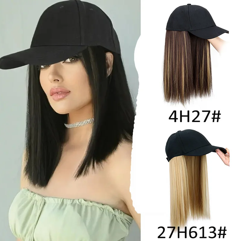 Synthetic Hat Wig with Long Straight Black Hair Baseball Cap Hair Extension Stylish & Convenient All-in-One Design for Women