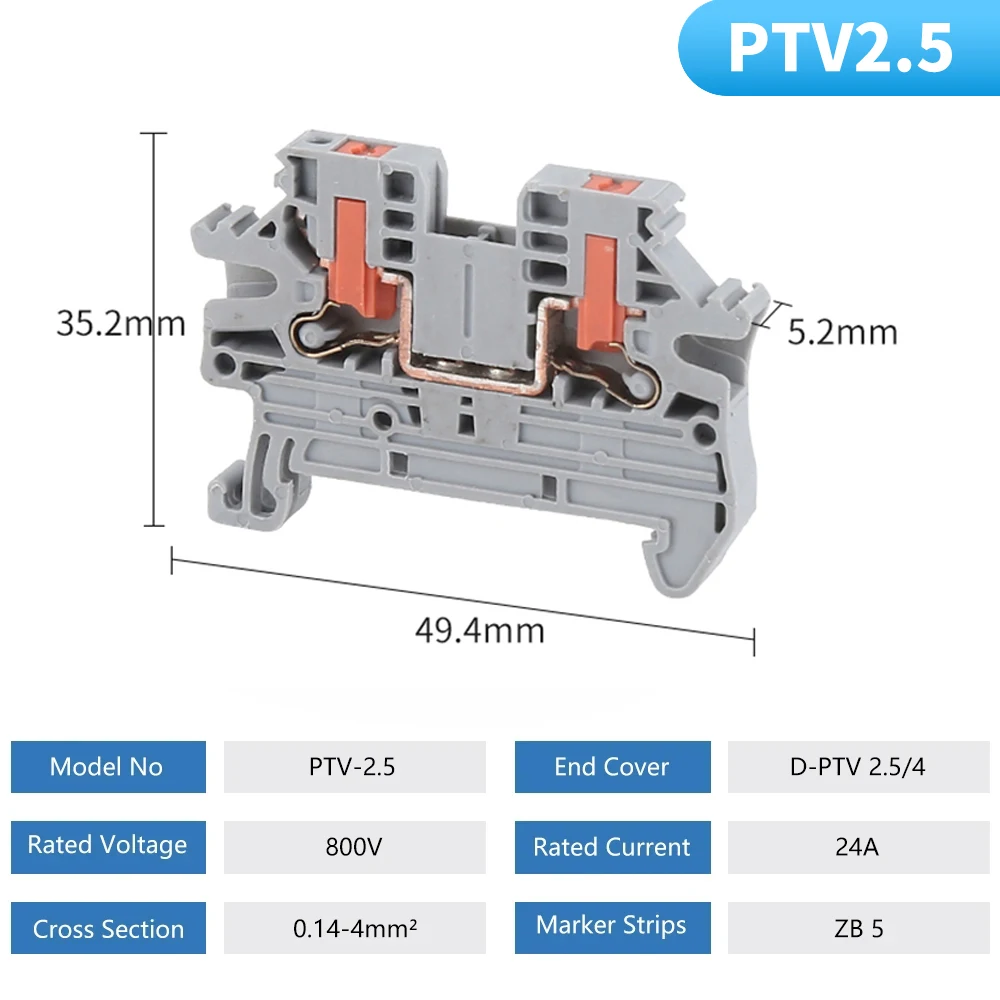 PTV-2.5 Side Entry Push-in Connection Spring Clamp DIN Rail Terminal Blocks Kit Set 24A 800V