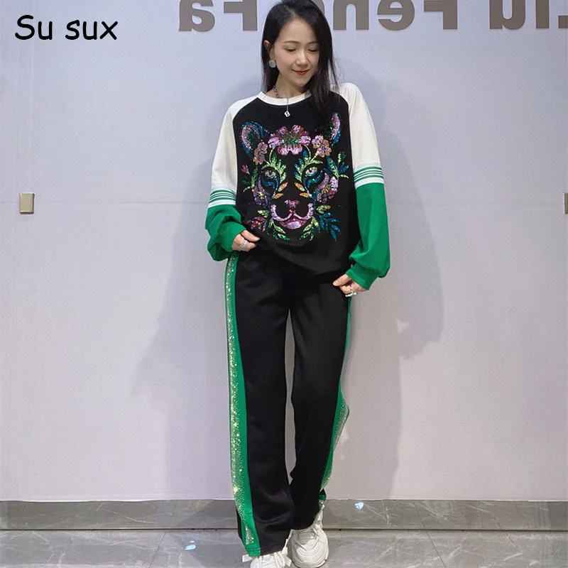 

Casual Patchwork Pullover Oversized Pant Sets Two Piece Woman Outfits 2025 Autumn O Neck Long Sleeve New in Matching Sets 2025