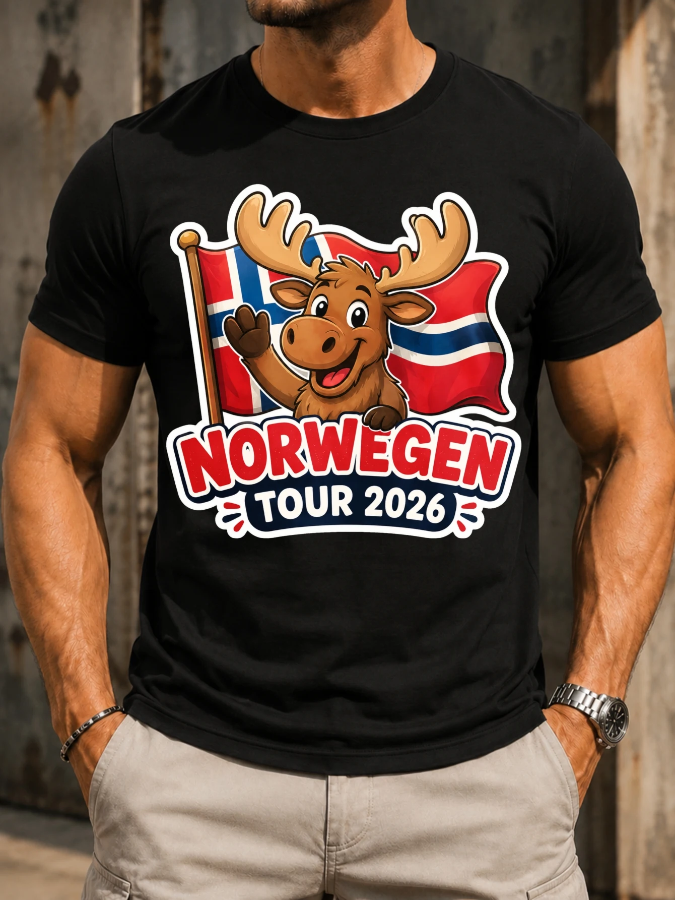 Norway tour moose with Fl-ag and waving pose stickerstyle  border and bold red blue 2026 text  Unisex All T-Shirt
