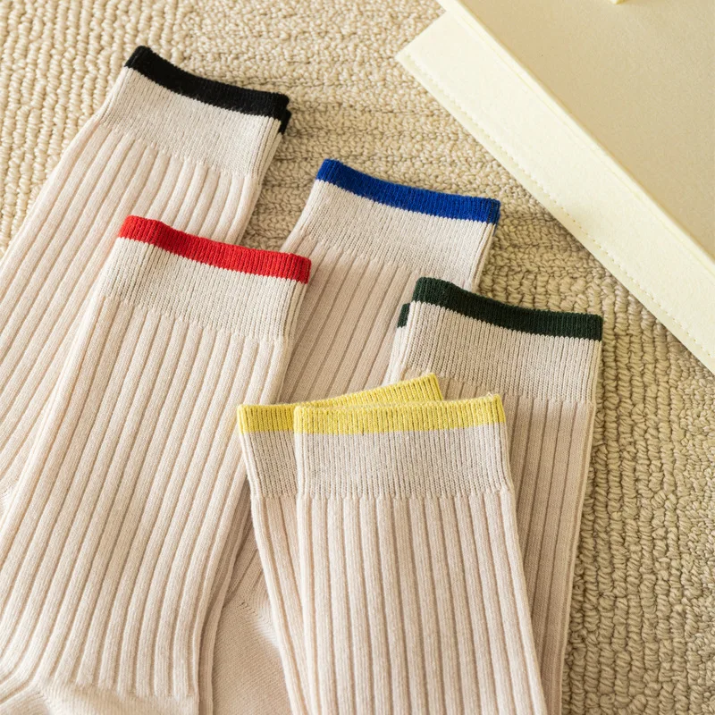 

Autumn Winter Mid-tube Socks Women's Japanese Vertical Bar Thick Needle Double Needle Solid Color Simple Sport Pile Socks