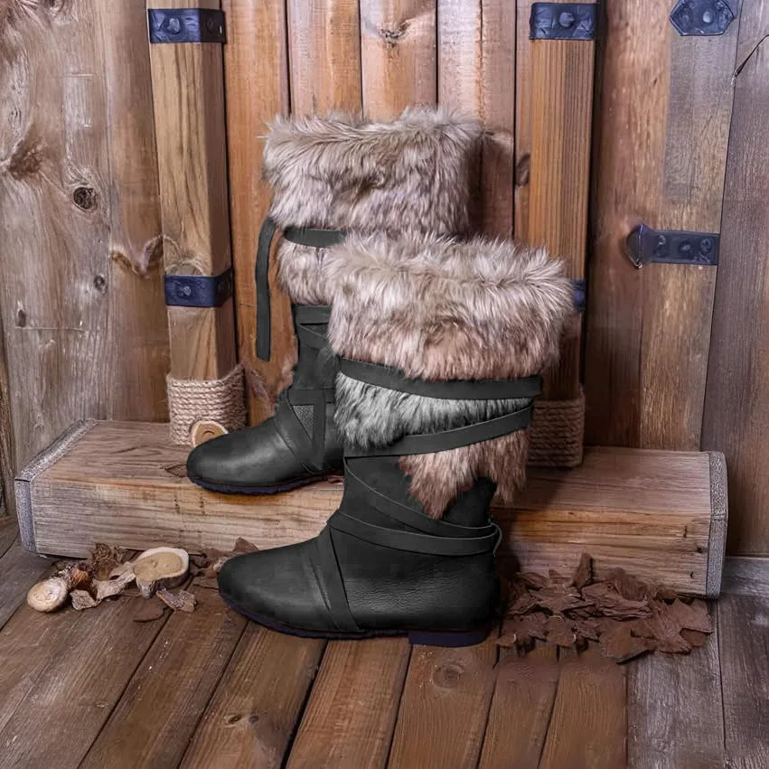 Vintage Mittelalterliche Stiefel mit Pelzbesatz für Herren, Renaissance-Stil, braunes PU-Leder, Wickelstiefel, Cosplay-Schuhe für Halloween-Party. – Detail 6