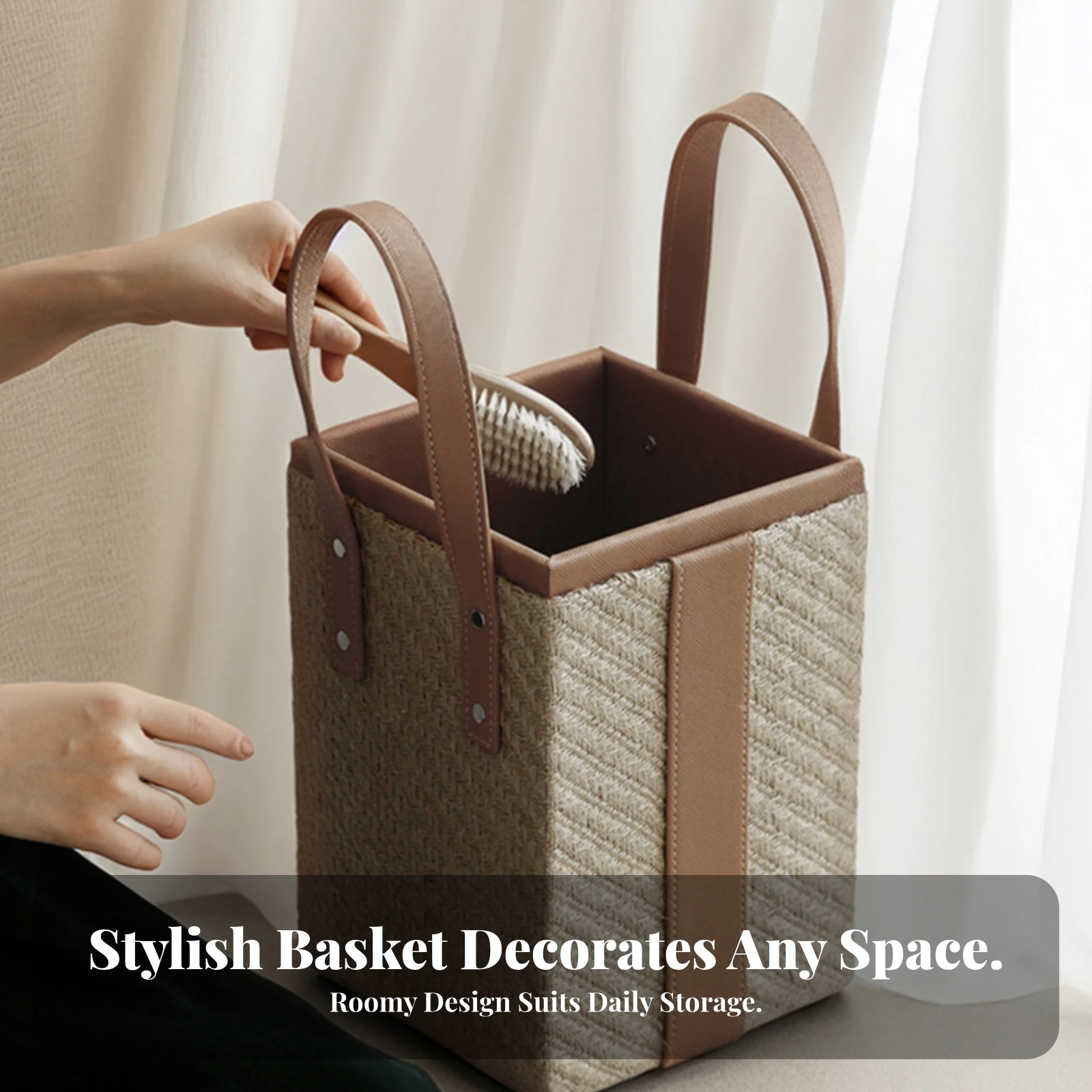 Woven Storage Basket Brown Trim Woven Basket with Handles Metal Rivets Open Top