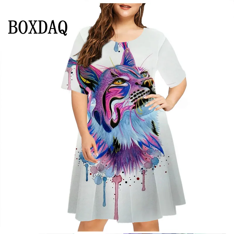Nowa 2024 letnia sukienka damska Tie Dye nadruk lwa z krótkim rękawem sukienka oversize casualowa odzież Retro Y2k Harajuku dla kobiet przedsionek