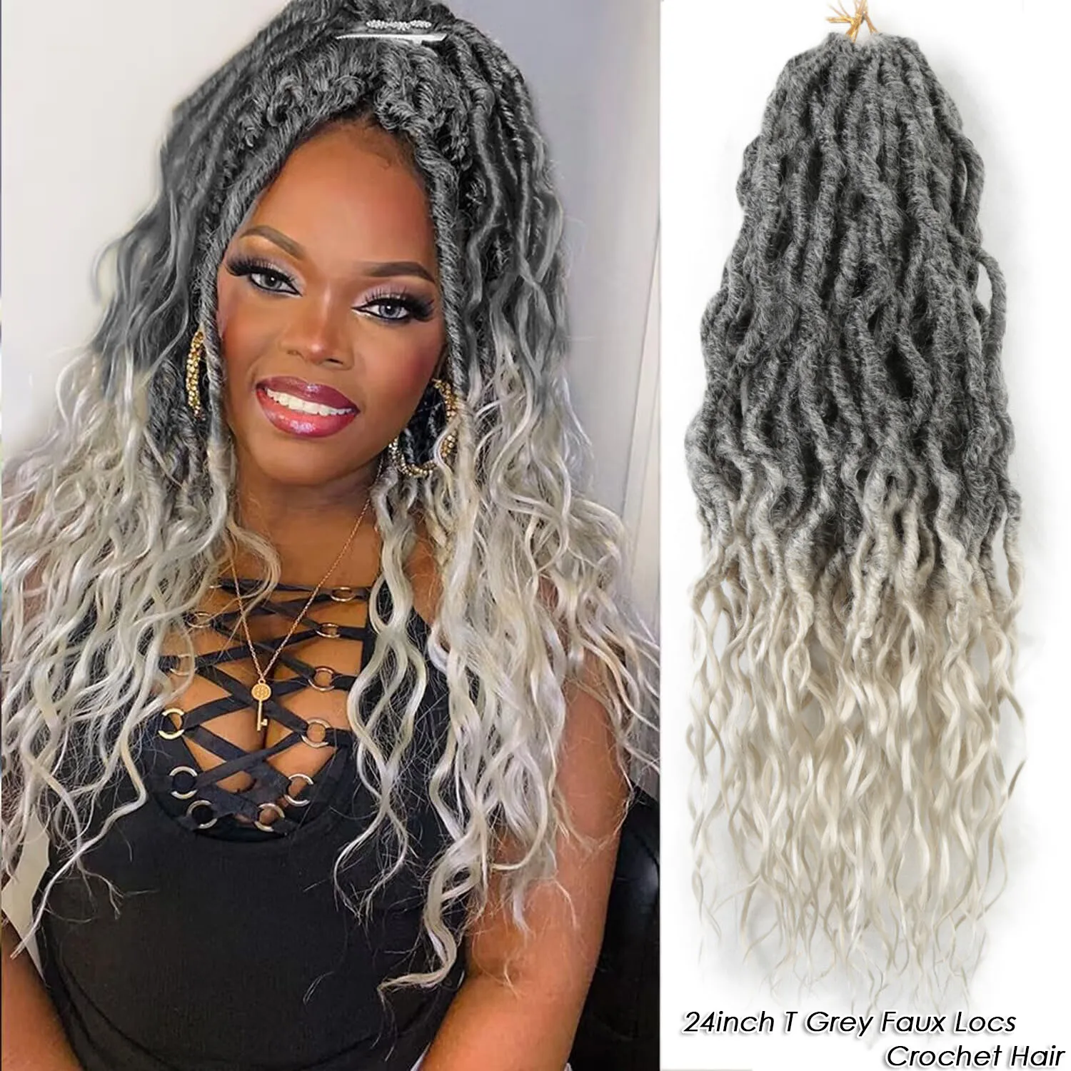 

Синтетические волосы для плетения T Grey 24" Goddess Faux Locs Crochet Hair T 51/613 для женщин, с кудрявыми концами, в стиле бохо, дреды (6 упаковок)