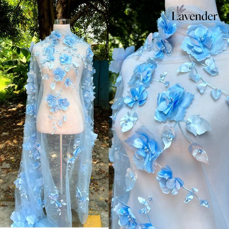 

New Colorful 3D Floral Embroidered Lace Mesh Fabric Pink 3D Flower Tulle Material for Dresses Kids Clothing Apparel Sewing