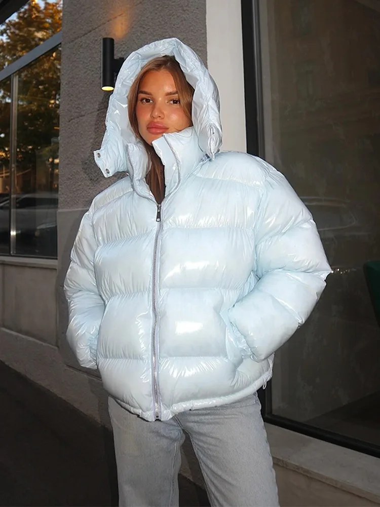 Kurze Glänzende Kapuzenjacke für Damen, Street-Style Stehkragen, Laternenärmel, Lose Passform, Modische Damenjacken, Neue Oberbekleidung – Detail 25