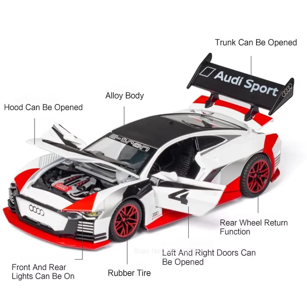 รถของเล่นโมเดล R8 V10 PLUS E-TRON ขนาด 1:32 ผลิตจากโลหะผสม พร้อมยางแบบยาง  มีเสียงและไฟ  แบบดึงหลัง  ของขวัญวันเกิดสำหรับเด็ก