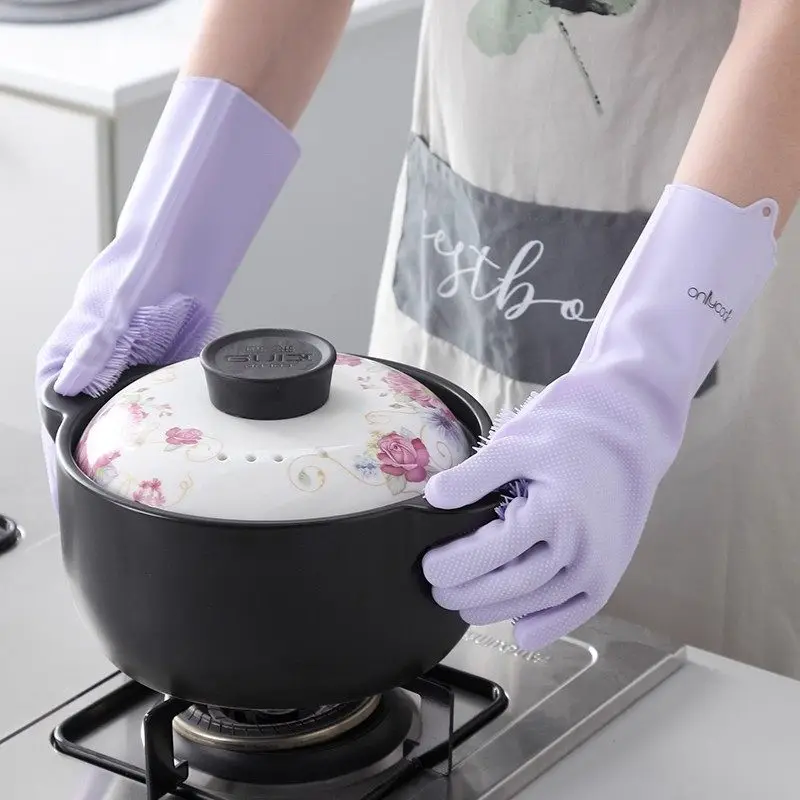 Thickened silicone dishwashing gloves, kitchen household waterproof hand guards, dishwashing artifacts