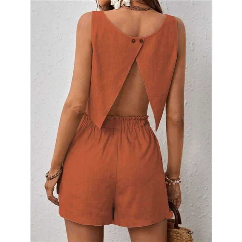 

A83F-Womens 2 Piece Outfits Lounge Matching Sets Two Piece Linen Shorts Crop Tops Trendy Clothes Summer
