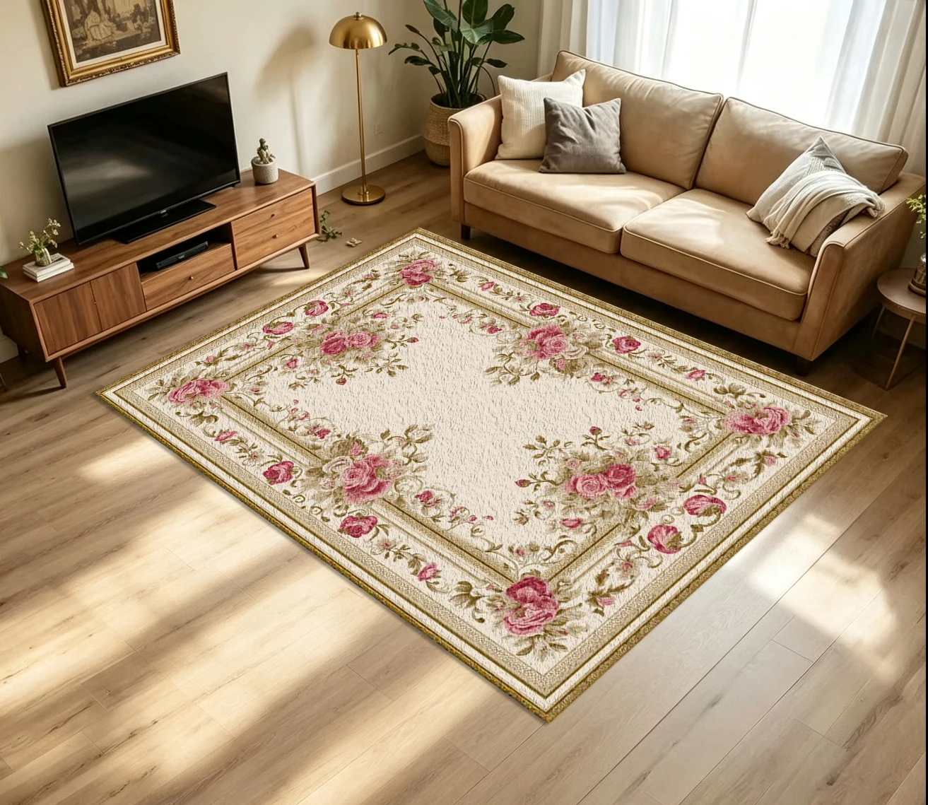 Elegant French Rose Floral Border Carpet Flooring Vintage Baroque Flower Frame Ornate Printed Floor Rug for Household Indoor Home Interior Decoration