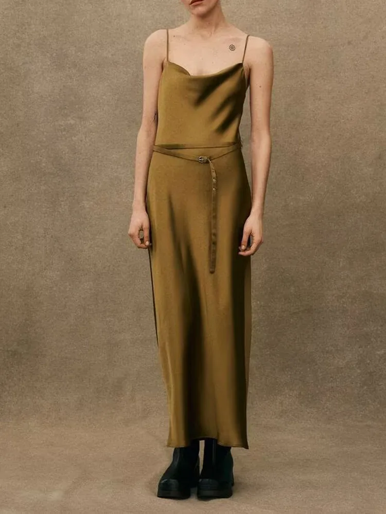 Spring New Arrival Women's Silk Satin Gown with Belt High Waist Long Dr V-Ne Svel Faionable Slimming Design