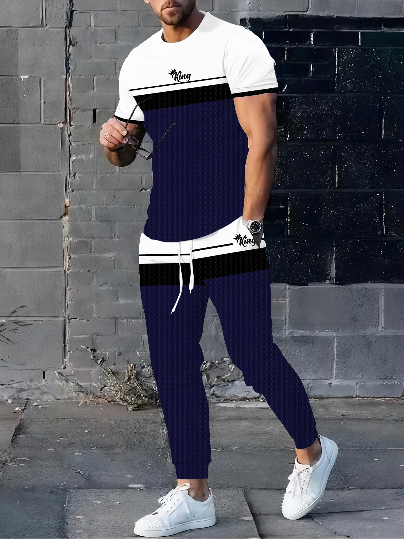 

Autumn Men's Long Sleeve Pullover Sweatshirt Piece Outfits Striped Print TShirts Tracksuit Set Drawstring Waist Jogger Set