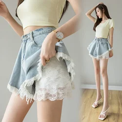 Fashion Girls Baggy Lace Wide Leg Jeans Pants With Ruffles Women's High Waist Tassel Loose Skirt Denim Shorts