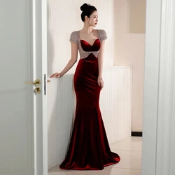 Wine Red Velvet French Celebrity Dresses Backless Short Sleeves Mermaid Floor Length Party New Senior Luxury Prom Gowns