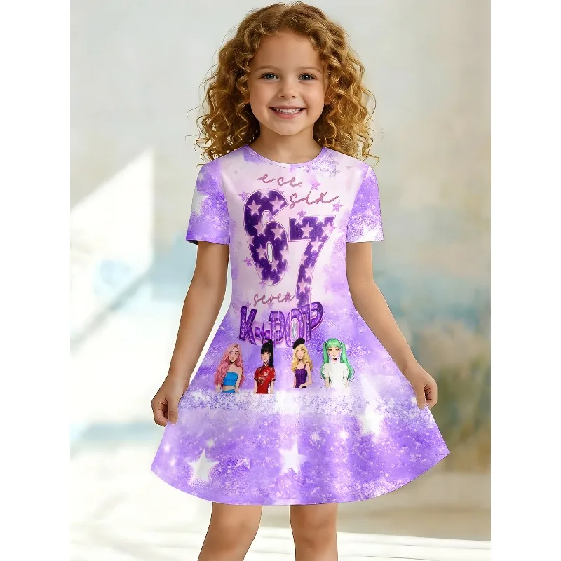 Girl's Purple K-pop Style Size 67 Dress Short Sleeved Casual A-line Swing Dress Suitable for Birthday Gifting and Party Casual