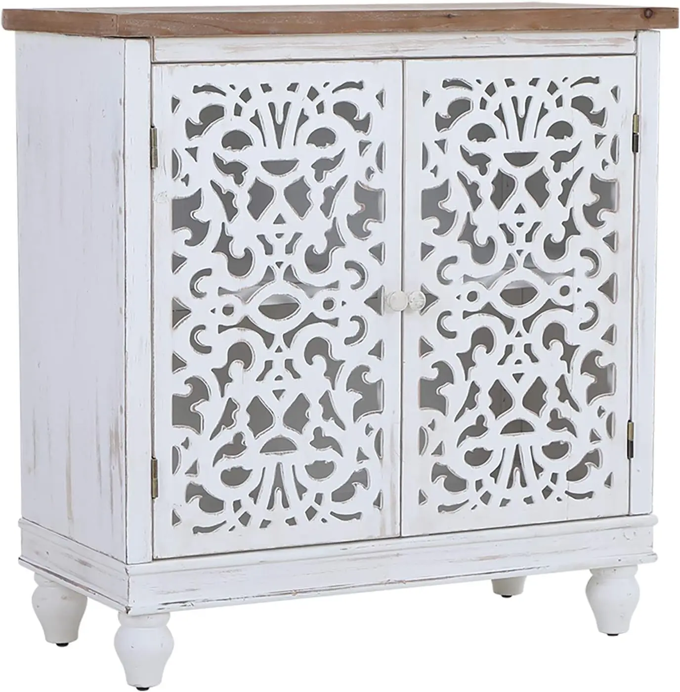 Accent Cabinet with Doors, Distressed Display Storage Cabinet with Wooden Frame and Hollow-Carved Floral Pattern for Entryway