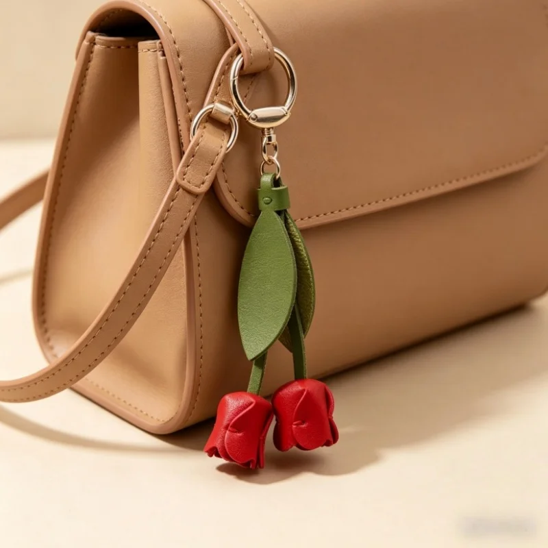PU Leather Flower Shaped Bag Keychain Handbag Mobile Phone Accessories Gift For Women Tulip Keychain Car Pendant Keyring