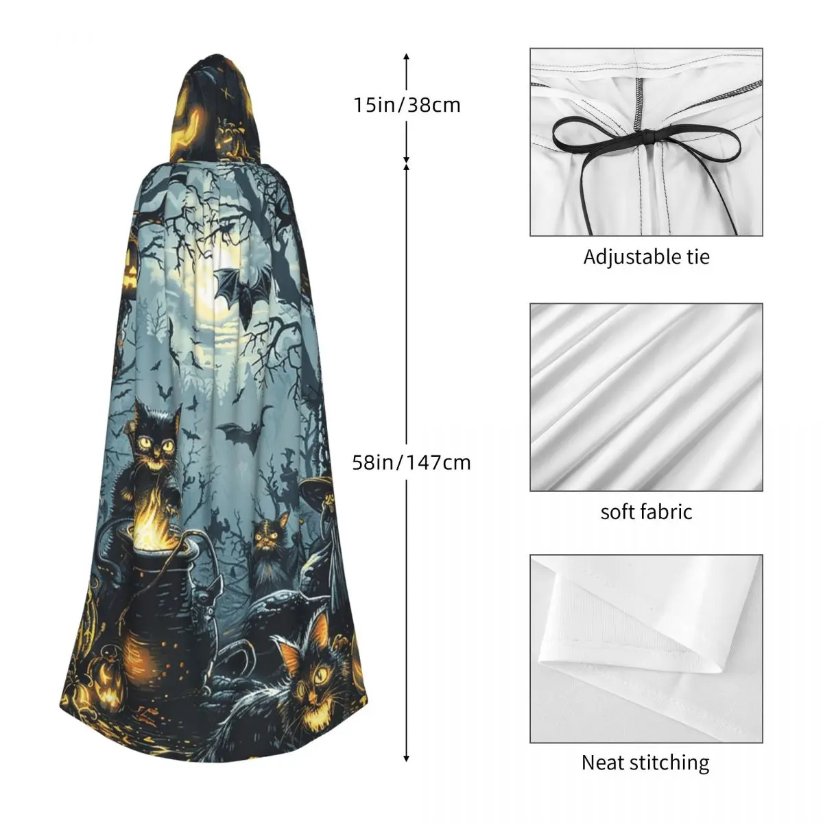 Vintage Jesienny Halloween Alchemik Eliksyry Czarne Koty Okultystyczny Długi Płaszcz z Kapturem Wiedźma Średniowieczny Kostium Cosplay Peleryna Halloween Wampir