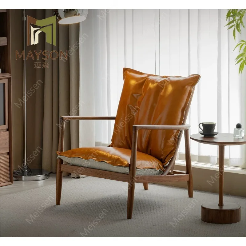 Black walnut single sofa chair removable and washable first layer cowhide leisure chair solid wood living room