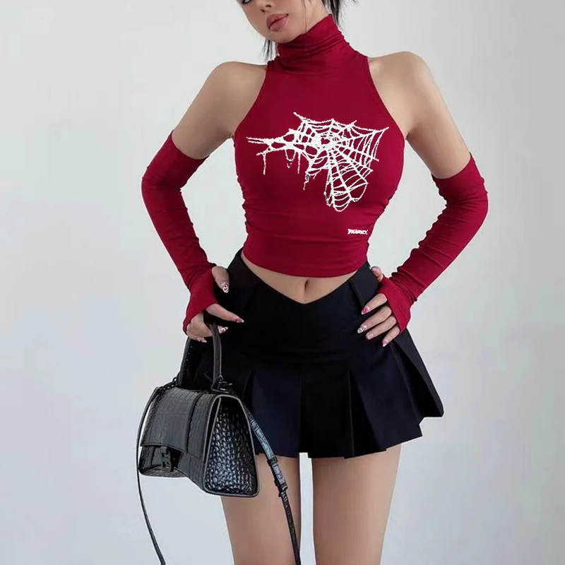 Gothic Spider Print Tank Top voor Vrouwen Zomer Y2k Tops Zwart Morsmouw Sexy Coltrui Slanke Korte Skinny Streetwear Crop Top