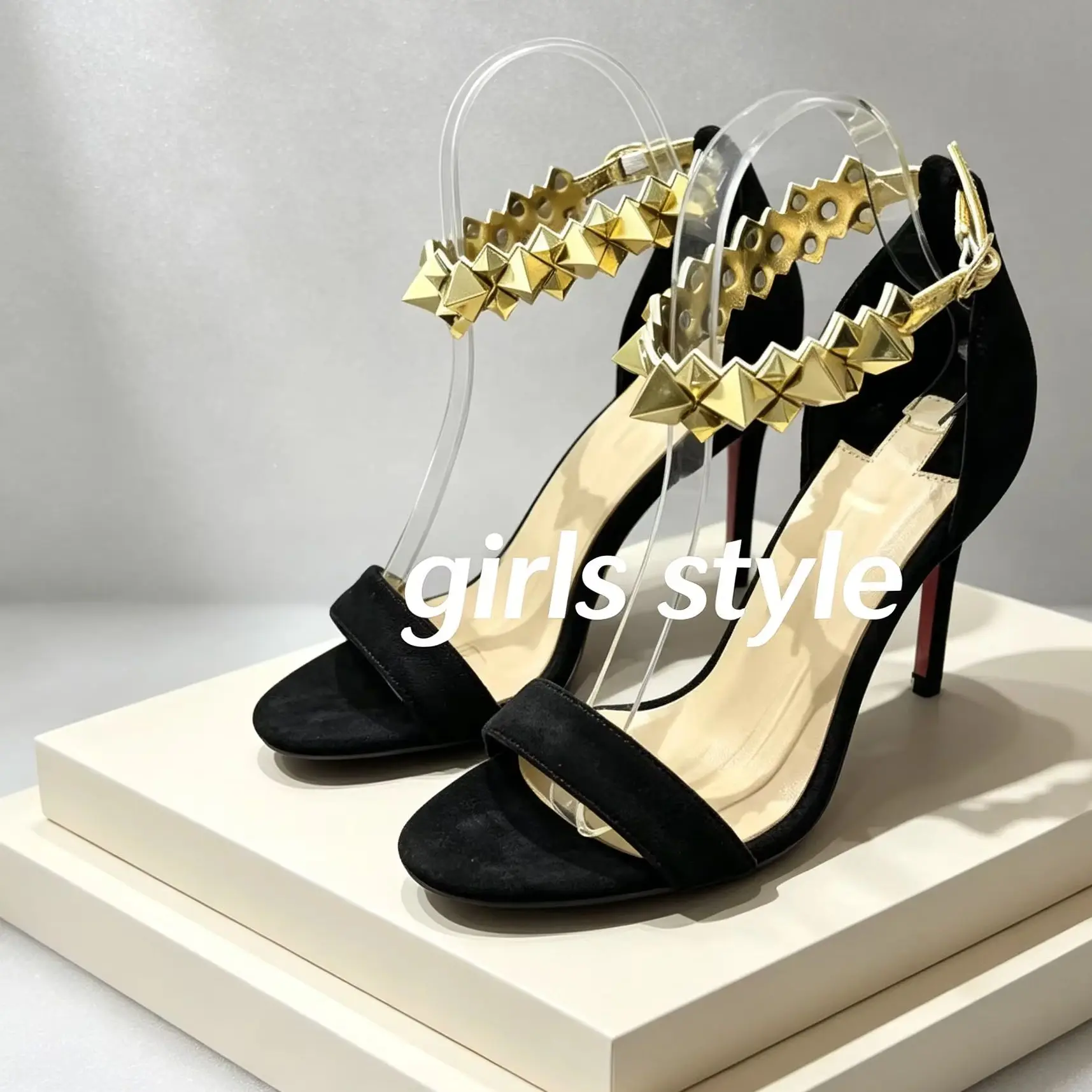 Rivet  Women Stiletto High Thin Heel Pumps Sandals Open Ankle Buckle Strap Red Wedding Party Black Suede Elegant Slingback Shoes