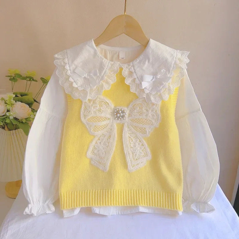 2/PC Kids Vest Shirt  Girls Lace Bow Collar Shirt Vest Sweet Knit Vest Stretch Set for Children Princess Two-Piece Outfit Vest