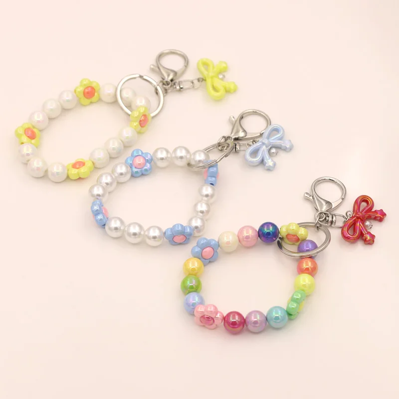 Fashion Flower Beaded Elastic Bracelet Multi-purpose Keychain Bow Tie Bag Decoration Pendant Women Jewelry New Year's Gift