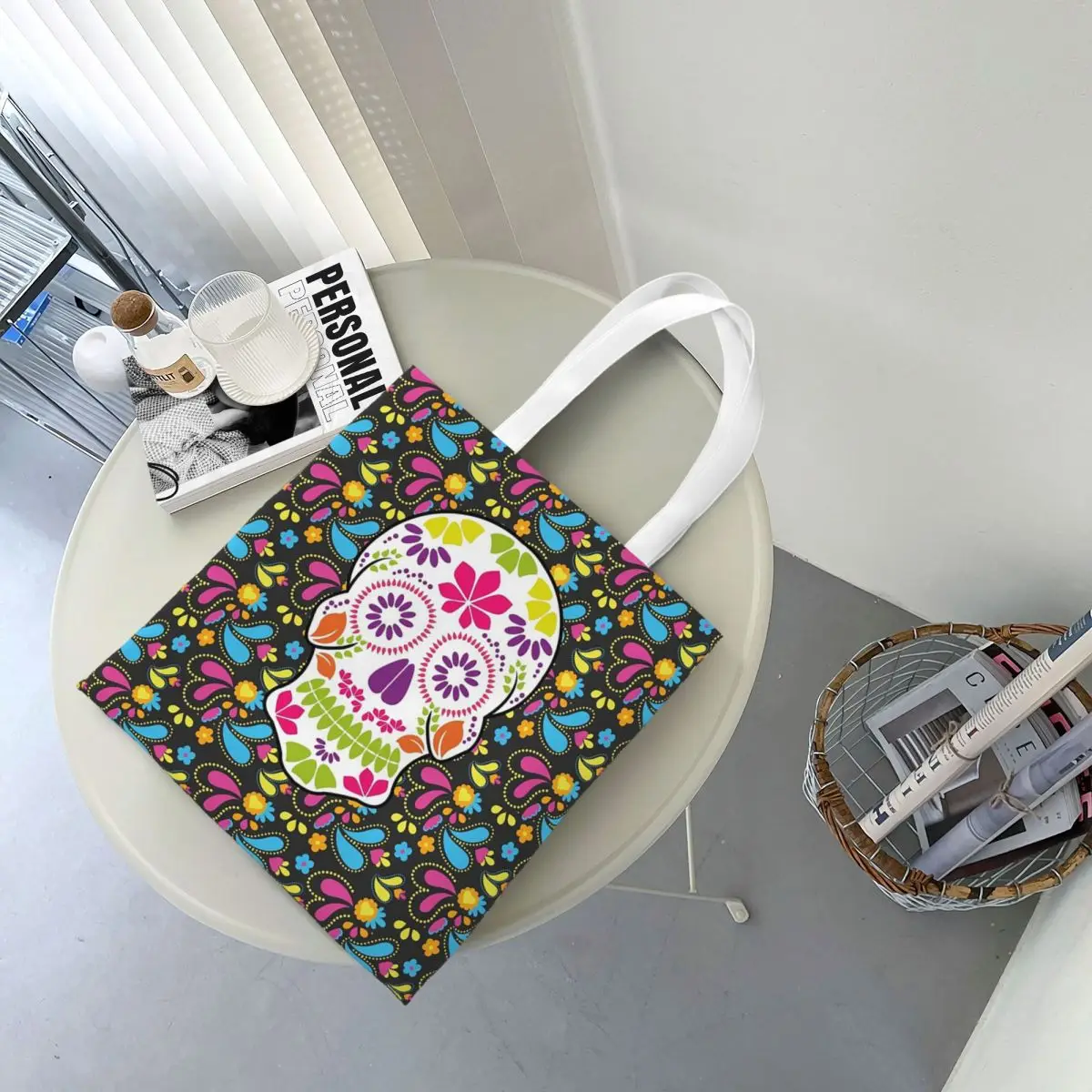 Mexican Skull Calavera Sugar Skull Shopping Bags Canvas The Tote Bag Folding for Ladies Shoulder Tote Travel Handbag